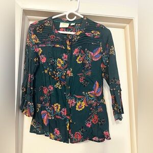 Anthropologie Green Pleated Blouse with Mandarin Collar